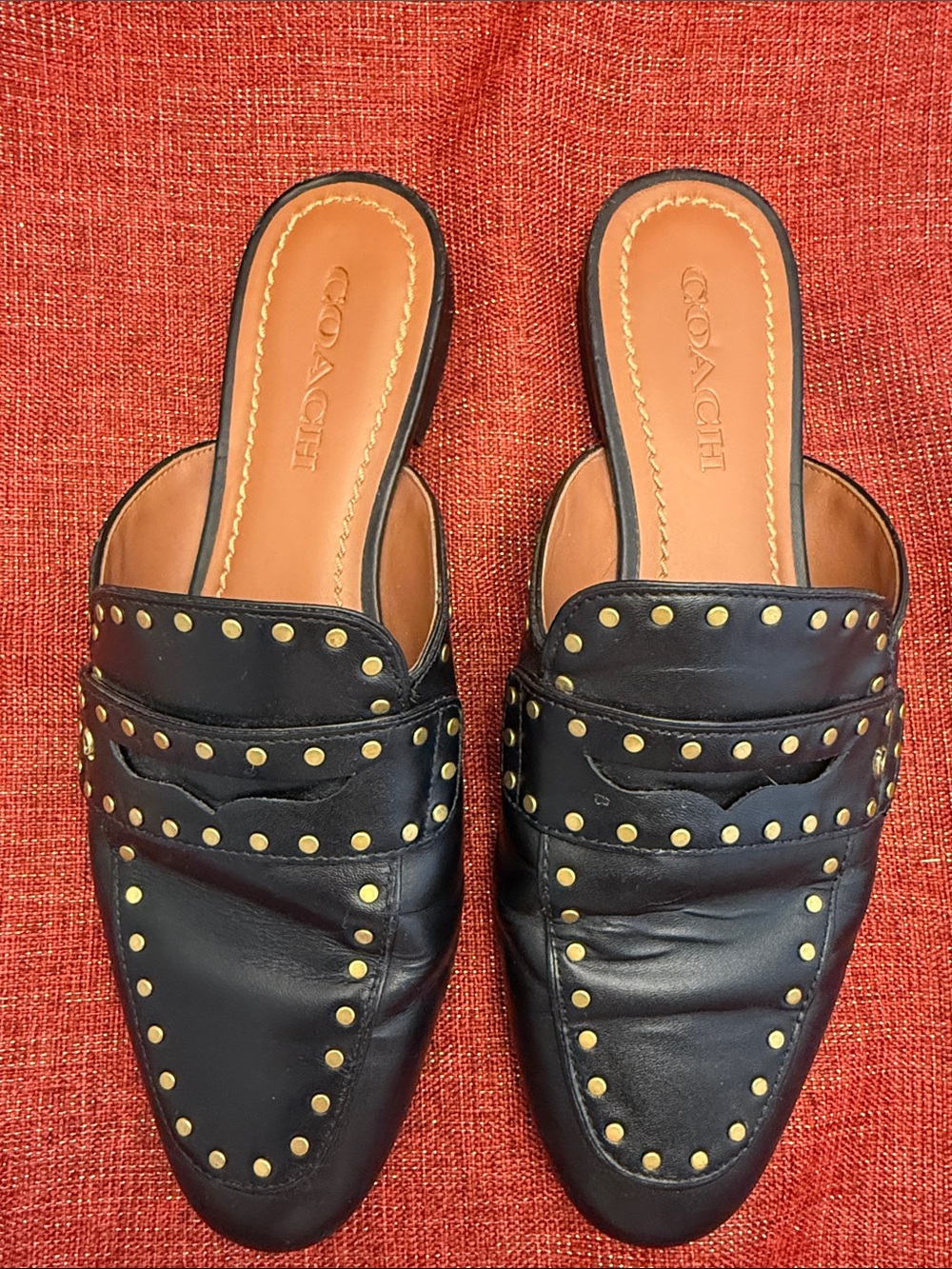 Coach Black Leather Studded Mule Slides with Gold Accents